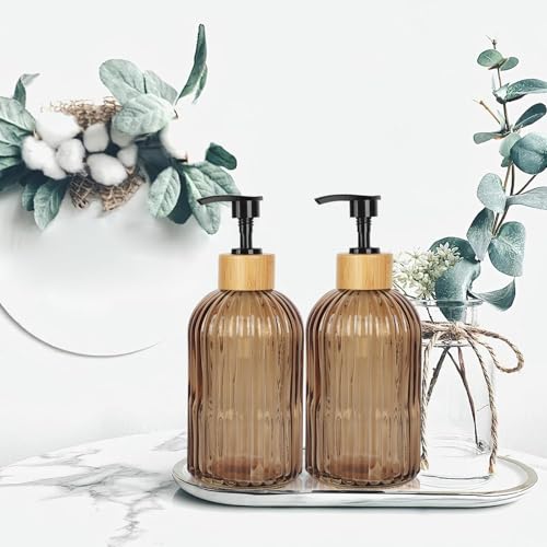 Amber Glass Soap Dispenser with Pump, 2 Pack 13.5oz Vertical Stripe Design Hand Soap Dispenser for Hand Wash, Dish Wash, Elegant Dispenser for Bathroom and Kitchen - color: Striped Amber