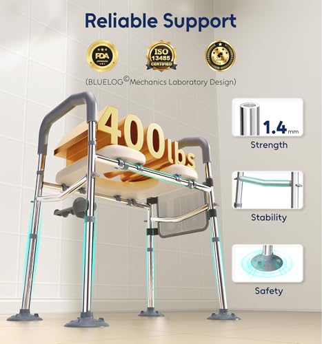 Raised Toilet Seat Risers with Handles for Seniors, White | Adjustable 7 Height & 6 Width, Fits Any Toilet, Heavy-Duty 400lbs Capacity, Soft Padded Seat,For Elderly & Handicap