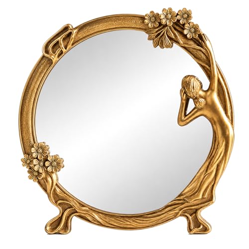 Vintage Gold Mirror Desk Decor -Antique Small Vanity Table Decorative, Oval | Art Nouveau with Stand, Cute Princess Frame, for Tabletop Office Bedroom Furniture Room Bathroom Home Wall Accessories - color: Style5