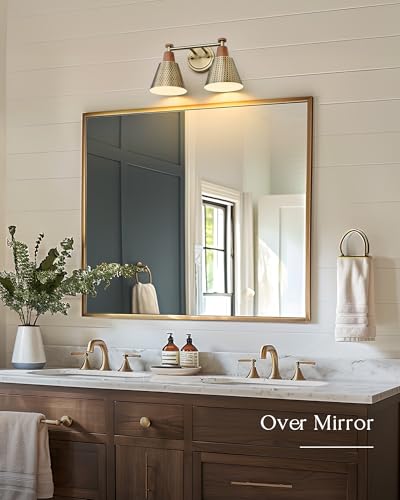 FEMILA 2 Light Bathroom Vanity Light Fixtures Over Mirror, Modern Brass Gold Bathroom Lighting Fixtures with Metal Shades, Woodgrain Finish, 4FG59B-2W BG-NW - color: Brass Gold & New Woodgrain, size: 15"