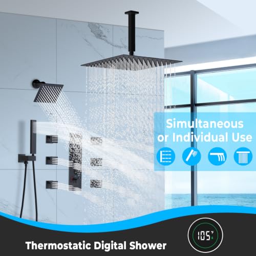 Full Body Dual Heads Rain Shower System with Jets Can Run Together | Matte Black 4-way Thermostatic Digital Shower Faucets Set, 12" + 6" Tilted Shower + 6 Body Sprays + Handheld - color: Matte Black, style: 12” + 6" + 6 Jets