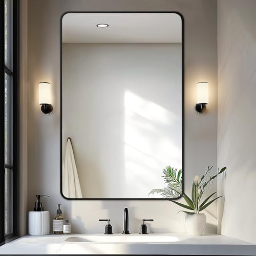 Bathroom Vanity Mirror, Black Framed Mirror for Over Sink, 40x28 | HD glass, distortion-free for makeup and grooming, Sturdy frame, all mounting hardware, hangs horizontal or vertical - color: Rect Black, size: 40"L x 28"W