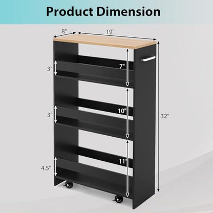 POWERSTONE 4-Tier Slim Storage Cart, Narrow Kitchen Rolling Cart w/Handle & Open Shelves, Skinny Slide Out Utility Organizer Trolley for Kitchen Bathroom Laundry Small Spaces Black & Natural - color: Black