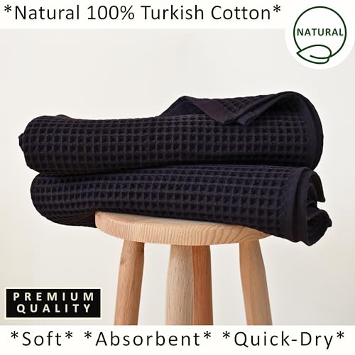 PÜSKÜL 2-Piece Natural 100% Turkish Cotton Waffle Bath Towels Extra-Large | Black, 32x63" Bath Sheet Towel, Light Soft Absorbent Quick-Dry Lint-Free Premium Honeycomb Weave Oeko-Tex Made in Turkiye - color: Black, size: Bath Towels - Pack of 2