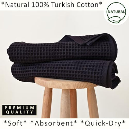 PÜSKÜL 2-Piece Natural 100% Turkish Cotton Waffle Bath Towels Extra-Large | Black, 32x63" Bath Sheet Towel, Light Soft Absorbent Quick-Dry Lint-Free Premium Honeycomb Weave Oeko-Tex Made in Turkiye - color: Black, size: Bath Towels - Pack of 2