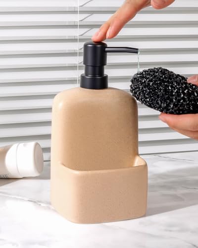 BosilunLife Dish Soap Dispenser - Linen Beige Ceramic Kitchen Soap Dispenser with Sponge Holder Matte Ceramic Soap Daddy Dispenser 20oz for Kitchen Soap Pump and Sponges Caddy - color: Linen Beige