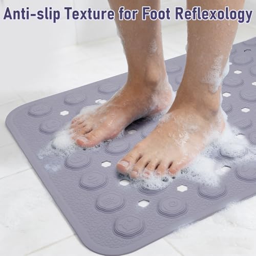 Bath Mat for Tub Non Slip 35*16 In, Silicone Anti Slip Shower Mat Bathtub Acupressure Relief for Kids Elderly Machine Washable with Antislip Textured Safety Strong Suction Cups & Drain Holes Easy Dry - color: Purple