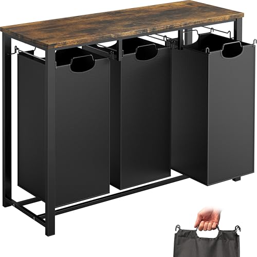 Simple Houseware 3-Section Laundry Sorter w/Tabletop Shelf, Rustic Brown | 3 Pull-Out,10-Gallon Hampers, Metal Frame Laundry Organizer for Bedroom, Bathroom,