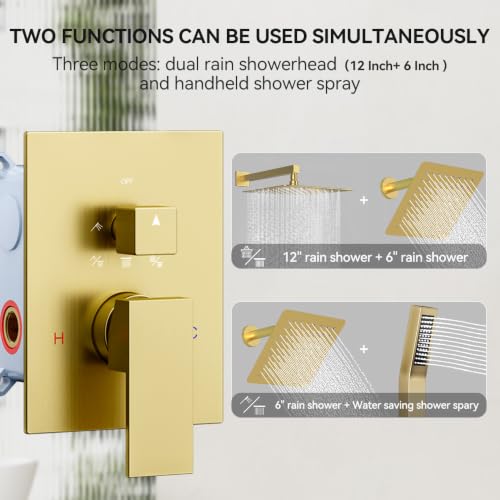 STARBATH Shower Faucet Set Shower System with Diverter Valve, Brushed Gold | 12 Inch Rain Shower Head, 6 Inch Wall Mount Shower Head and Handheld Spray for Two Person, Luxury Shower Sets Complete - color: Gold, size: 12"+6"-01
