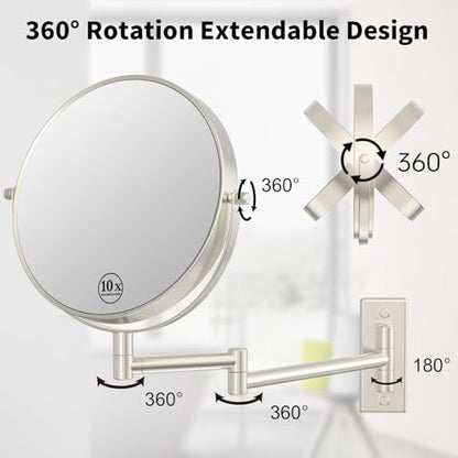 8" Wall Mount Makeup Mirror with 1X 10X Magnification, Brushed Nickel | Double-sided Wall Mounted Magnifying Mirror with Swivel Extendable Arm for Bathroom - color: Brush Nickel-no Lights