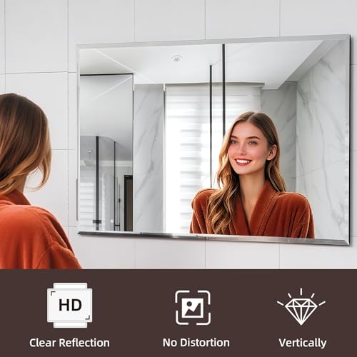 Rectangular Beveled Bathroom Mirrors, 32X48 inch Beveled Bathroom Mirror， | Frameless Mirrors for Bathroom,bedroom/wall/makeup area/cloakroom, hung horizontally or vertically. - size: 32"L x 48"W