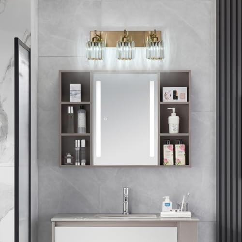 Modern Crystal Bathroom Vanity Lights, Gold 3-Lights Bathroom Light Fixtures Over Mirror, Crystal Wall Lighting with Polished Brass Finish - color: Gold-Round Shade, size: 3-Light