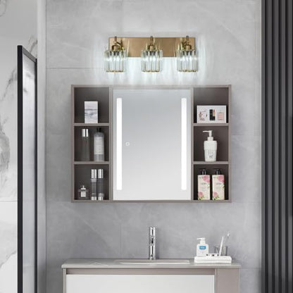 Modern Crystal Bathroom Vanity Lights, Gold 3-Lights Bathroom Light Fixtures Over Mirror, Crystal Wall Lighting with Polished Brass Finish - color: Gold-Round Shade, size: 3-Light