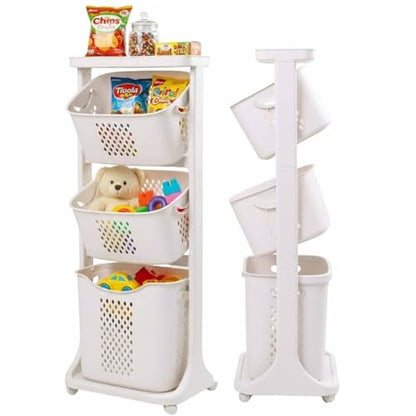 Japard 18 Gal Rolling Laundry Hamper Ultra Slim, Vertical 3 Sorter Cart with Wheels and Breaks, 3-tier Baskets Detachable for Dorm, Closet, Easy Assembly White Gray - size: 3 Tier
