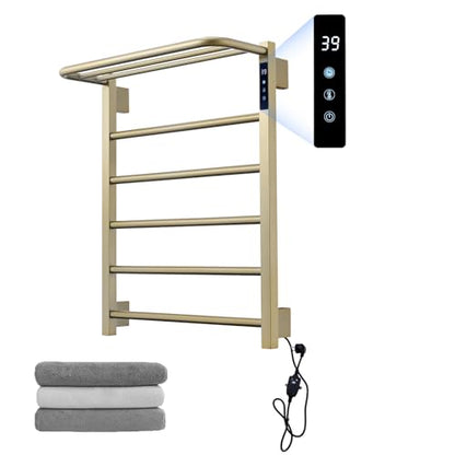 Modern Electric Towel Warmer, Wall Mounted Heated Towel Rack in Brushed Gold, Smart Temperature Control with LED Display