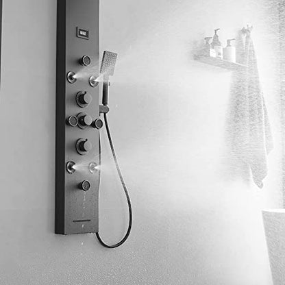 BWE Shower Panel Rainfall Waterfall with Handheld Shower Matte Black | 6 IN 1 Stainless Steel Shower Tower Panel System Massage Body Jets with Tub Spout Water Temperature Display Wall Mount