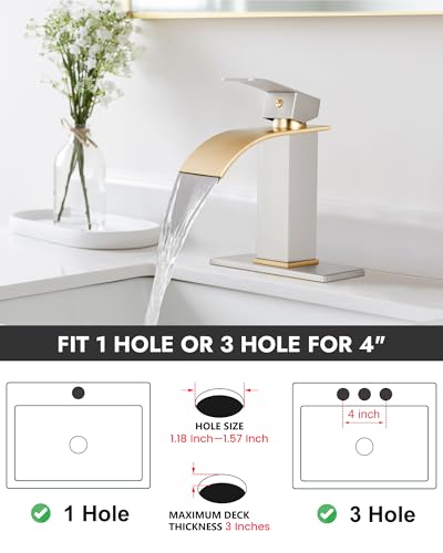 Midanya Waterfall Bathroom Faucet 1 Hole,Brushed Gold Spout/Brushed Nickel | with 24” Hoses,Pop Up Drain,6” Deck Plate,for 1 or 3 Hole Vanity,Lavatory,RV,Single Handle Bathroom Sink Faucet,NSF Certified - color: Gold Spout/Nickel