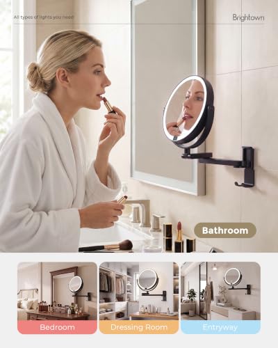 Brightown 8" Wall Mounted Makeup Mirror with Lights & Magnification 1X/10X | 4000mAh Rechargeable Dimmable Vanity Mirror, Extended Arm 360° Rotation, 3 Color Lights & Smart LED Digital Display, Black - color: Black