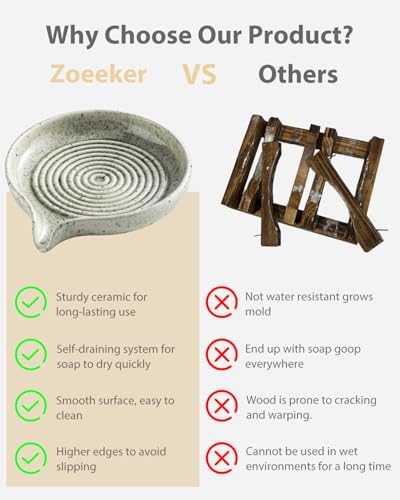 Zoeeker Self-Draining Soap Dish, Ceramic Bar Soap Holder with Drainage | Soap Tray with Waterfall Design for Shower, Bathroom and Kitchen Sink, Keep Bar Soap Dry, Brush Holder, Speckled Glaze - color: Speckled Glaze, size: Round