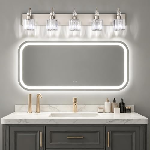 Ralbay Crystal Bathroom Vanity Light Brushed Nickel Modern 5 Light Bathroom Wall Lighting Fixtures Over Mirror - color: Round-Brushed Nickel, size: 5-light