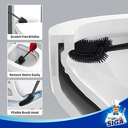 MR.SIGA Toilet Bowl Brush and Holder, Wall Mounted Toilet Brush, Black | Automatic lid design, sturdy handle, upgraded ventilation, flexible thermoplastic rubber head, easy to clean and dry quickly - color: Black, size: 4.8"L x 3.1"W x 15.7"H