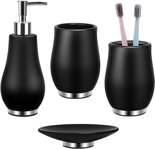 RQYIXI Bathroom Accessories Set 4 Pcs Toothbrush Holder Soap Dispenser Ceramic Bathroom Accessory Set with Toothbrush Cup Soap Dish Tumbler Black - color: K-black