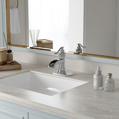 BWE Brass Chrome Waterfall Bathroom Faucet for Modern Powder Room | Wide Waterfall Spout, Ceramic Cartridge, Fits 1 or 3-Hole Sink, Single Handle, Hardware Kit Included, Not for Vessel Sink - color: Chrome