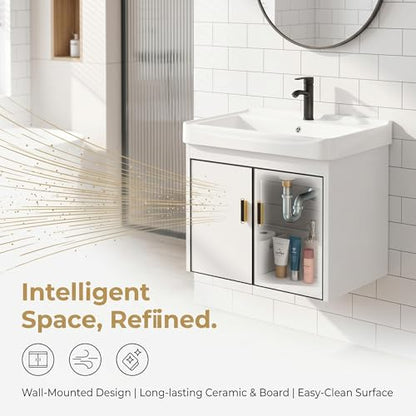 20 Inch Wall Mounted Bathroom Vanity with Sink, Modern Floating Bathroom Cabinet with Integrated Ceramic Basin, Soft Close Double Doors, Complete Faucet & Plumbing Hardware Set for Small Bathroom