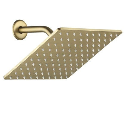 Solid Metal Rain Shower Head, Square High Flow Rainfall Shower Head with Shower Arm and Flange, Reinforced Explosion-Proof Stainless Steel Construction (10-Inch, Brushed Gold) - color: Brushed Gold, size: 10 Inch