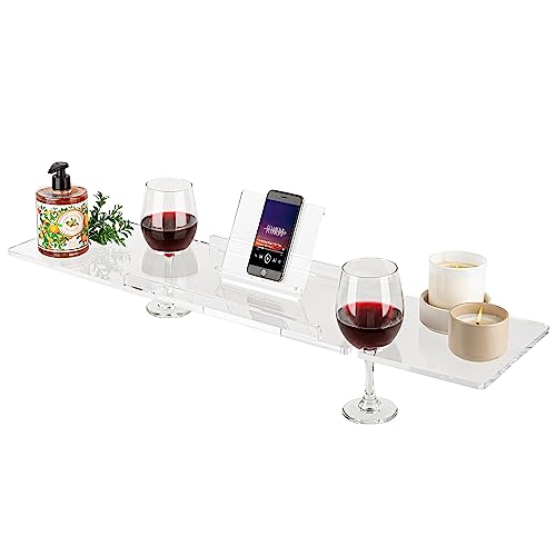 36" Supreme Plus- Luxury Bathtub Tray Caddy- 3/8" Thick, Clear Bath Tub Tray Table for 1 or 2 Bathers, Acrylic Bathtub Caddy, iPad and 2 Wine Glass Holders (Supreme Plus, 36") - size: 36" x 9" x 1.5"