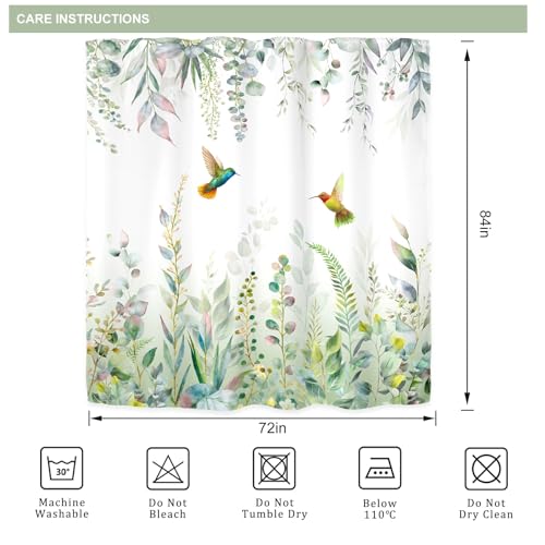 Sage Green Eucalyptus Extra Long Spring Leaves Bathroom Shower Curtain Set | 72"W x 84"H Botanical Plants; waterproof HD print, quick-dry fabric with 12 free hooks for easy hanging. - color: A-sage Green, size: 72"W x 84"L (Pack of 1)