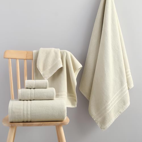 REDKISS Beige Towels Set 6 Piece Cotton Towel Sets with 2 Bath Towels, 2 Hand, 2 Washcloths, 650GSM Hotel Quality, Soft, Highly Absorbent Towels for Bathroom Gym, Ideal Everyday Use - color: Beige