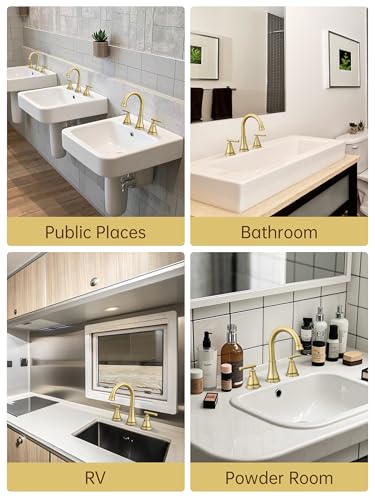 Widespread Bathroom Sink Faucet 3 Hole, Brushed Gold Bathroom Faucet with Metal Pop-Up Drain, 2 Handle for 6-16" RV Vanity Sink - color: Brushed Gold