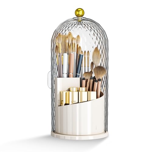 Dustproof Toothbrush Holder with Lid, 360 Rotating Countertop Electric Toothbrush Toothpaste Holders with Cover for Bathroom, 3 Slots Makeup Brush Holder with Lid for Vanity, Clear - color: Dia White