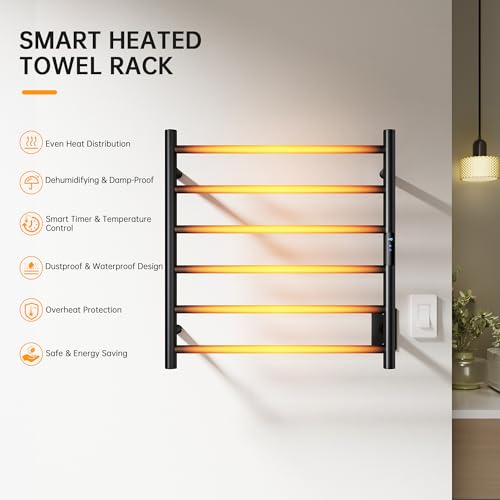 Towel Warmer Rack, Heated Towel Racks for Bathroom, Wall Mounted Towel Warmer, Stainless Steel 6-Bars Drying Rack with Intelligent Touch Screen Timer, Matte Black