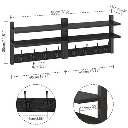YMYNY Double Shelf Coat Rack Wall Mount with 8 Hooks, Black HWS009B-2 | Wooden Coat Hanger Key Holder Wall Mount for Coats Hats Keys - Wood Wall Mounted Coat Rack with Shelf for Entryway & Bathroom - color: Black