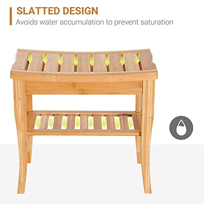 HOMCOM Long Bamboo Shower Bench Seat, 20" Tall Wooden Spa Shower Stool | Underneath Storage Shelf, Shoe Organizer