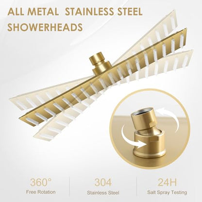 16 inch Brushed Gold Large Rain Shower Head Ceiling Mount - All Metal 304 Stainless Steel, Full Body Rainfall Shower with 324 Silicon Nozzles - Waterfall Bathroom Square Showerhead - color: Brushed Gold, size: 16 Inch Square