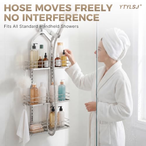 3-Tier Hanging Shower Caddy, Stainless Steel with Dual Clamp, Silver | Heavy-duty stainless steel, adjustable shelves for large families, Rustproof, tool-free install, Fits handheld showerheads - color: 3 Tier-Silver