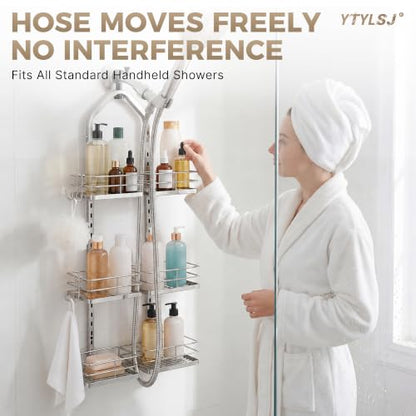3-Tier Hanging Shower Caddy, Stainless Steel with Dual Clamp, Silver | Heavy-duty stainless steel, adjustable shelves for large families, Rustproof, tool-free install, Fits handheld showerheads - color: 3 Tier-Silver