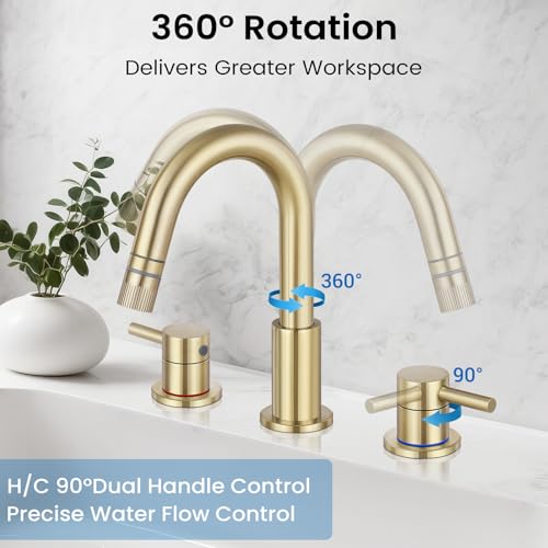 Pull-Down Bathroom Faucet 3 Hole 8 Inch with Pop-Up Drain,Brushed Gold | 360° Swivel Spoutr & Dual Modes,8" Widespread 2-Handle, Pop-Up Drain & 10-Min Install for 3-Hole Bathroom Sink Faucets. - color: Brush Gold