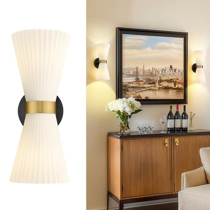 Wall Sconces Set of Two, HWH 14.3 Inch Black and Gold Bathroom Sconces with Frosted Milk White Striped Glass, Up Down Modern Wall Light fixtures for Living Room Bedroom, 5HZG97B-2W-2PK BK+BG - color: Black and Gold, size: 2-Light*2