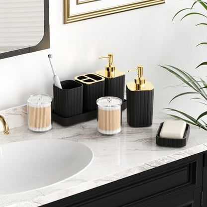 XLHOMO Bathroom Accessories Set - Gorgeous Black Bathroom Set, 10PC Bathroom Accessory Set, Toilet Brush, Trash Can, Qtip Holder & Soap Dispenser - size: Bath Set, style: Black&Gold
