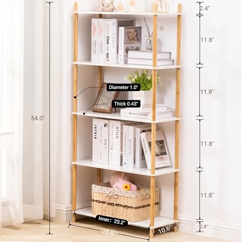 5-Tier Expandable Freestanding Open Bamboo Book Shelf - No-Tool Assembly & Modular,Bathroom Storage Shelf Unit Plant Stand for Small Space, Bedroom, Living Room, Home Office (White, 5-Tier) - color: White 5-tier-1