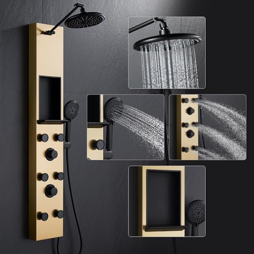 POPFLY Shower Panel Tower System with Shelf, Adjustable Shower Arm Height 8-inch Rainfall Head System, Stainless Steel Shower Panel, 6 Body Jets and 5-Setting Handheld Shower, Brushed Gold - color: 6 Jets with Shelf-Brushed Gold