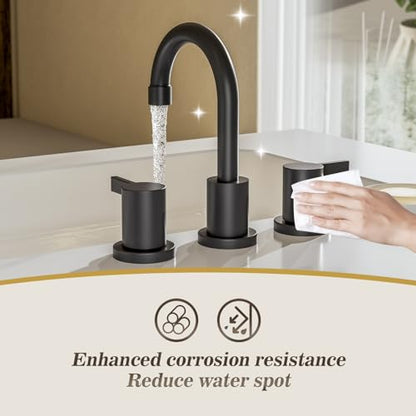 8 Inch 3-Hole Matte Black Widespread Bathroom Sink Faucet with Valve and Metal Pop-Up Drain Assembly, 2-Handle Low-Arch Bathroom Faucets Three Hole, WF15-1-MB