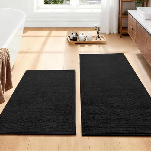 Black Bathroom Rugs Sets 2 Piece, Quick Dry Thin Bath Mat, Non Slip Absorbent Machine Washable, Bath Rugs for Bathtub Sink Home Decor (17"x24" + 17"x32") - color: Black, size: 17"x24"+17"x32"
