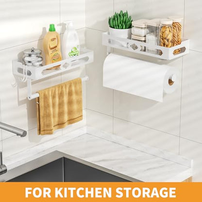 White Paper Towel Holder Wall Mount with Shelf - Adhesive Hand Towel Rack | Sturdy Metal Mounted Paper Towel Rack with 2 Hooks, Space-Saving for Bathroom, Kitchen, RV Camper - color: White