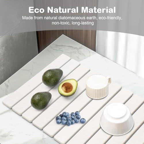 Large Stone Dish Drying Mat for Kitchen Counter, 24"(L)×16"(W), Collapsible Quick Drying Mat, Absorbent Eco-Friendly Diatomaceous Earth Mats for Dishes Bottles and Match Any Countertop【White】