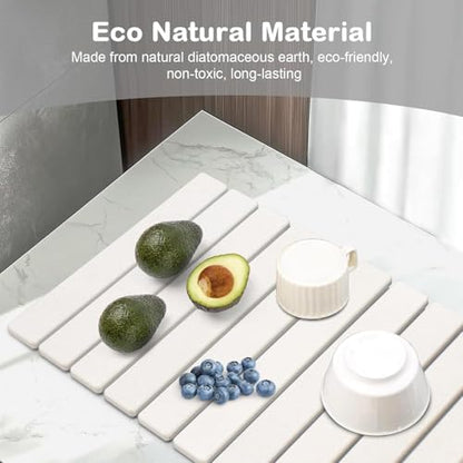Large Stone Dish Drying Mat for Kitchen Counter, 24"(L)×16"(W), Collapsible Quick Drying Mat, Absorbent Eco-Friendly Diatomaceous Earth Mats for Dishes Bottles and Match Any Countertop【White】